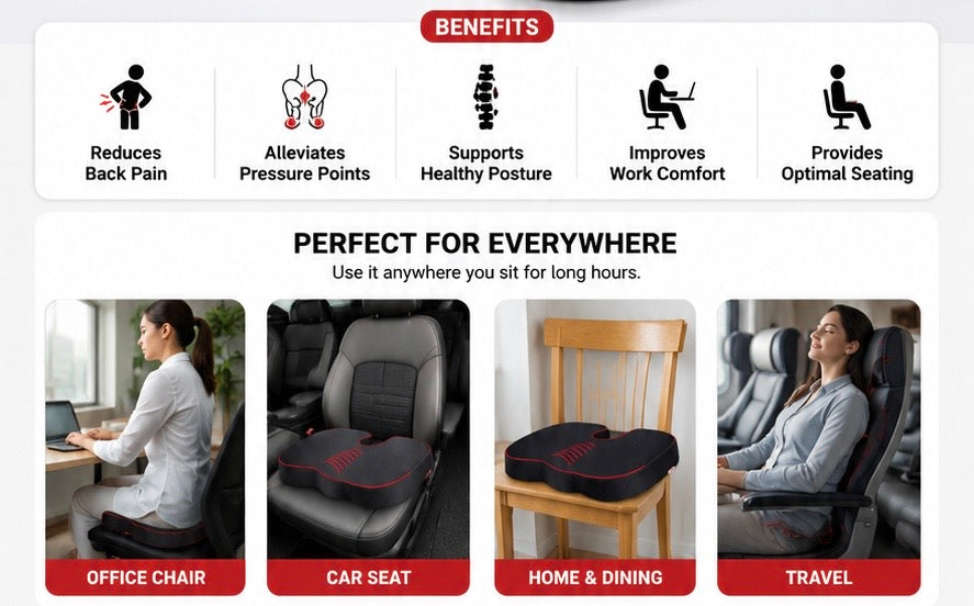Orthopedic Seat Cushion for Back & Tailbone Pain Relief