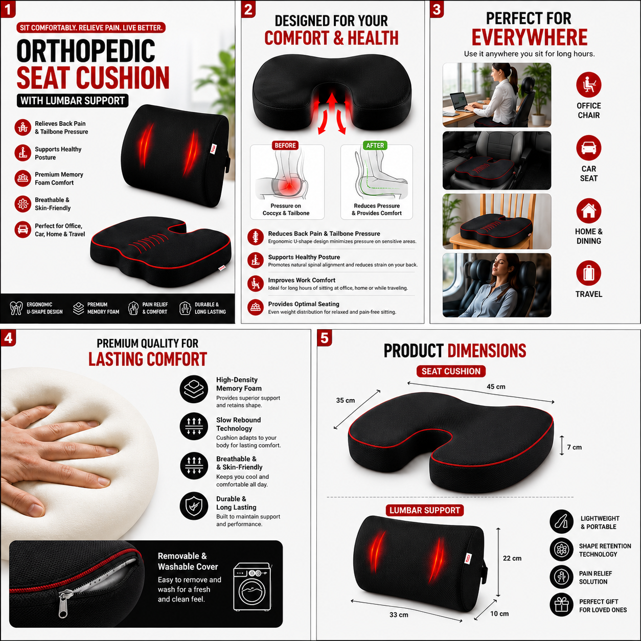 Orthopedic Seat Cushion for Back & Tailbone Pain Relief